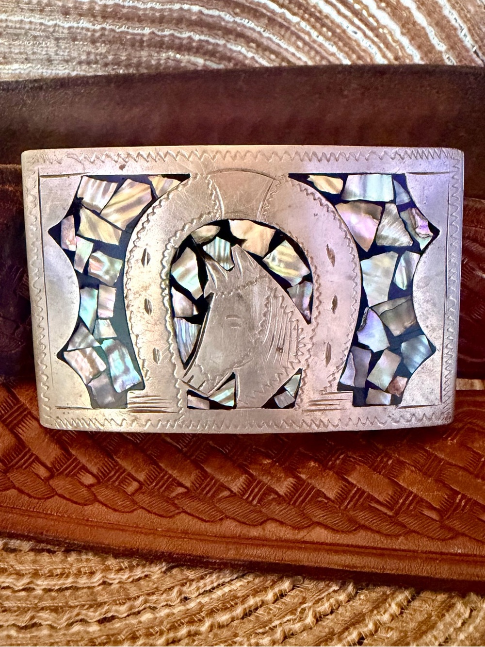 Vintage Western Horse Head Belt Buckle Abalone Inlay Alpaca Mexico